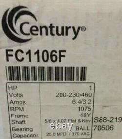 CENTURY FC1106F Condenser Fan Motor, 1 HP, 1075 rpm, 60 Hz