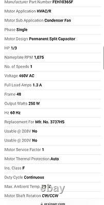 Century Feh1036sf Condenser Fan Motor, 1/3 Hp, 1075 Rpm, 60Hz AO Smith