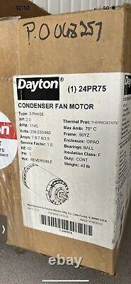 DAYTON Condenser Fan Motor 24PR75, Open Air-Over, 2 HP, 1,140 RPM T-Stat