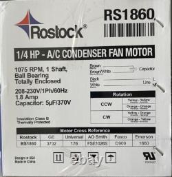 ROSTOCK A/C Condenser Fan Motor 1/4 HP 230V 1075 RPM CWithCCW SHAFT 1/2 UL APPROV