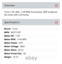 Trane MOT11207 Motor 1HP 1140RPM 460V 56 Frame