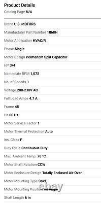US Motors 1868H 3/4 Hp 230 Volt Condenser Fan Motor