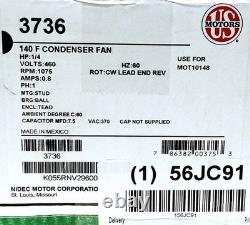 US Motors 3736 460 V AC 0.8 A 1/4 HP 1075 RPM TEAO Condenser Fan Motor