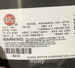 US Motors, k55hxnpb-1104, 8233 Condenser Fan Motor 3/4 HP 460V 1 PH 1100 RPM