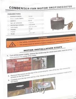 Moteur de ventilateur de condenseur 5KCP39 EGS070S 1/4 HP, 1100 RPM, cadre 48, 208-230V