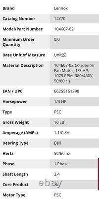 Moteur de ventilateur de condenseur Lennox 14Y70 de 1/3 hp