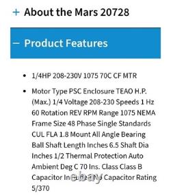 Moteur de ventilateur de condenseur Mars 20728 1/4HP 1075RPM 208/230VAC LIVRAISON GRATUITE NEUF