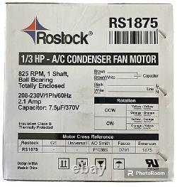 ROSTOCK Moteur de ventilateur de condenseur A/C 1/3 HP 230V 825 RPM C Avec CCW ARBRE 1/2 UL APPROUVÉ